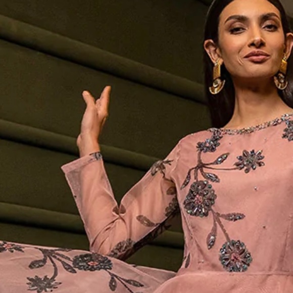 Pakistani embellished light pink organza body-cut dress - Picture 4 of 5